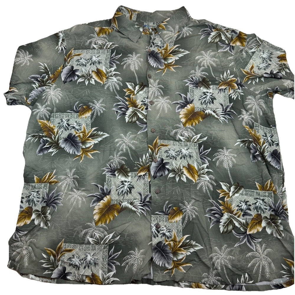 Campia Hawaiian Aloha Shirt Men's 3XL Green Rayon Palm Trees Easy Care GUC